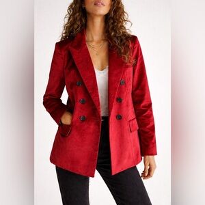 Free People Ashby Red Velvet Blazer Double Breasted Romantic Statement Event XS